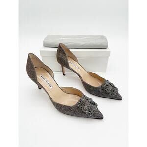 Manolo Blahnik Hangisi D'Orsay Metallic Fabric Crystal Brooch Pumps Heels IT 40